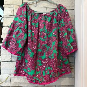 Crown & Ivy On or Off Shoulder Pink Green White Paisley Peasant Boho Top Sz Med